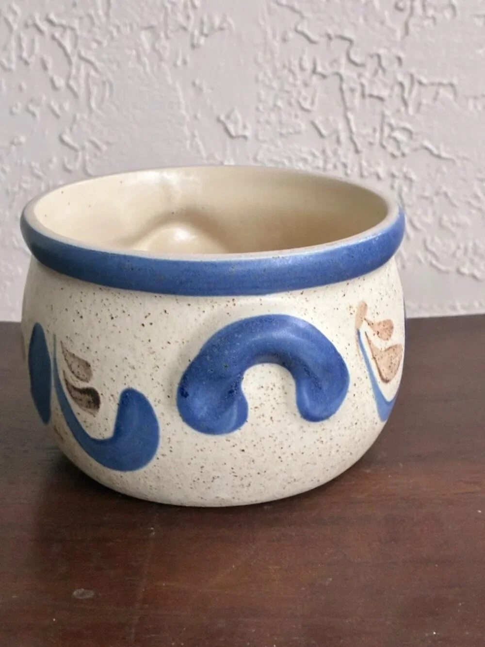 VINTAGE Handmade Pot German Westerwald Stoneware Bowl Cream Cobalt Blue Folk Art